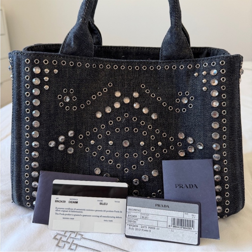 Prada  Studded Denim Canapa Tote Bag with Silver Accents